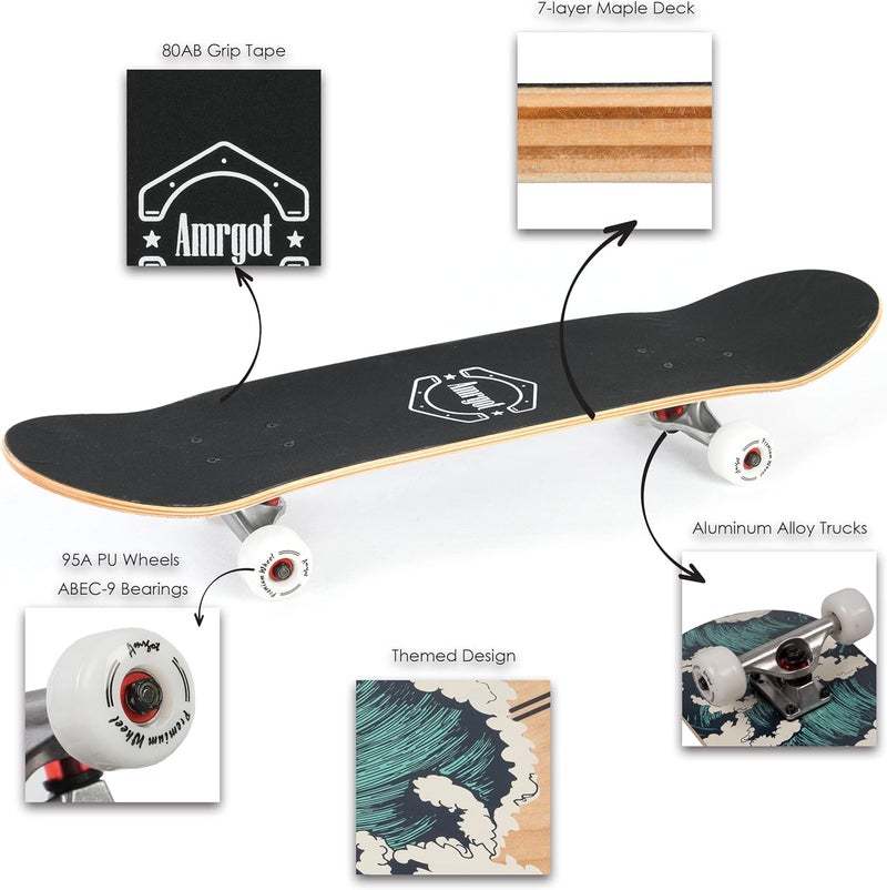 Amrgot Skateboards for Beginners,31 * 8 inches Complete Skateboards for Kids,Boys,Girls and Adults,7 Layer Maple Wood,Double Kick Deck Concave Standard and Tricks Skateboard - Image 3